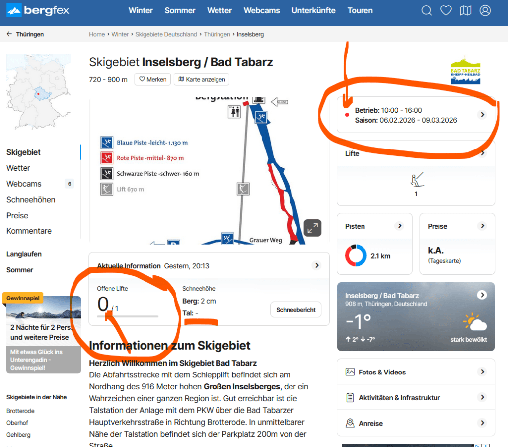 skilift inselsberg, angaben auf bergfex.de zu Liftöffnung und Schneehöhe