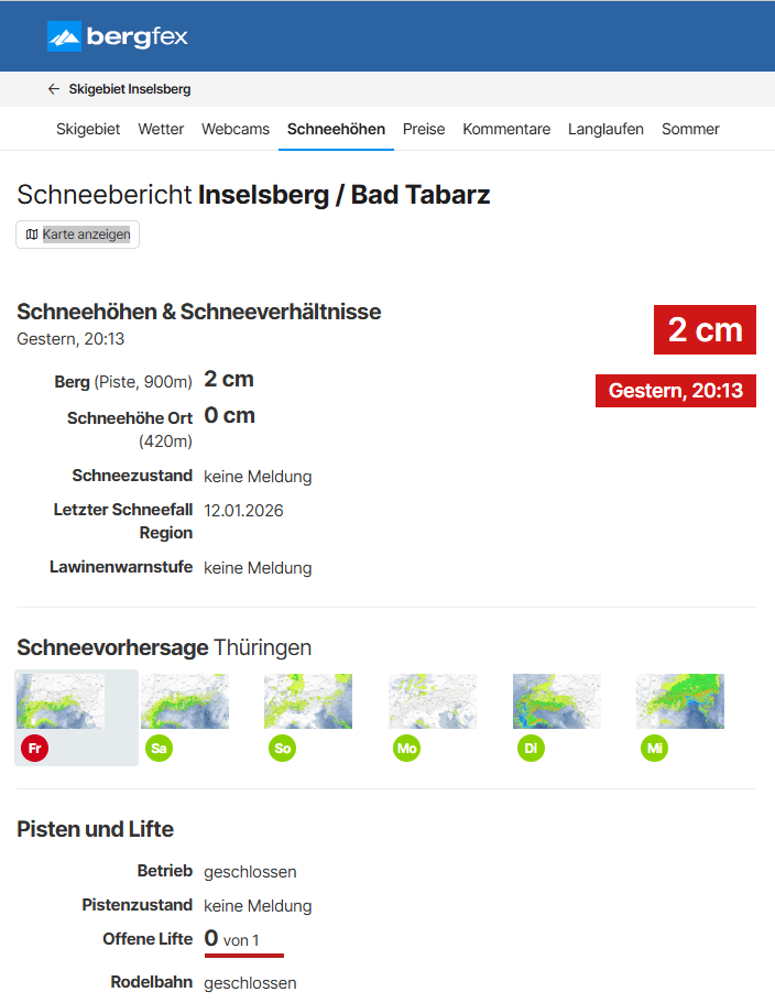 Schneebericht Inselsberg / Bad Tabarz, Beispiel für Angabe der Schneehöhe und Schneeverhältnisse