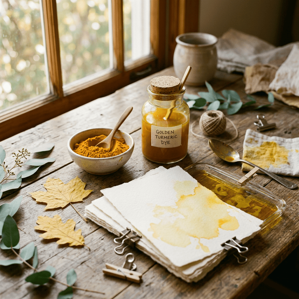 Jar labeled "GOLDEN TURMERIC DYE" beside turmeric powder and dyed paper